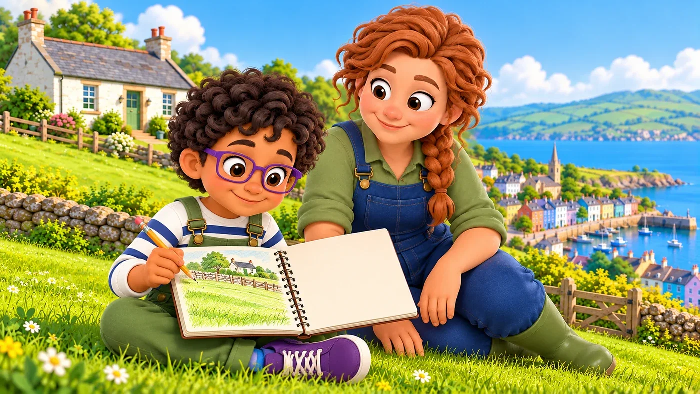 Rowan looks from his drawing of short grass to the next blank page while Fiona listens.