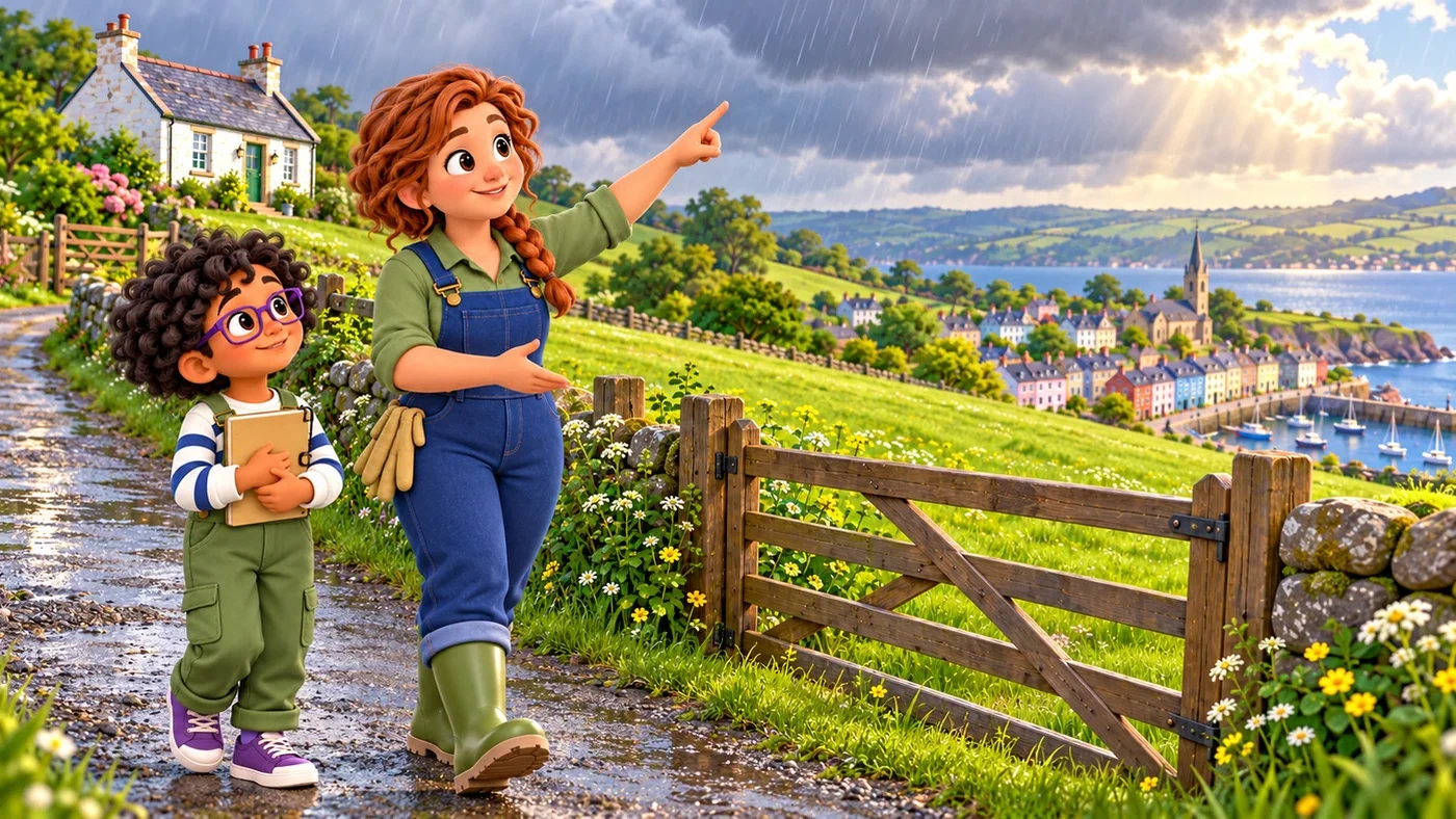 On a breezy grey day, Fiona points up at rain clouds and then at the field, while Rowan looks up beside her.