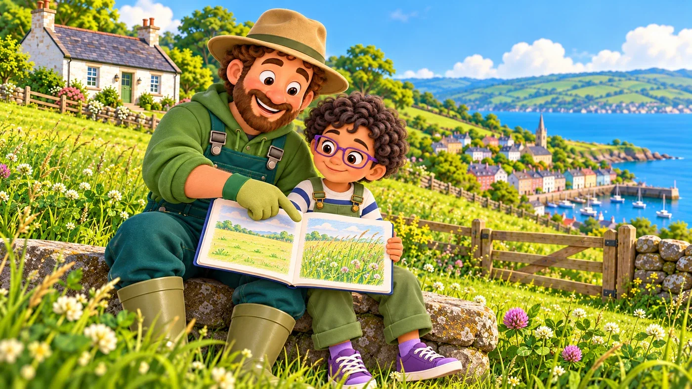 In summer, Arthur sits beside Rowan as they compare a short-grass drawing with a tall-grass drawing.