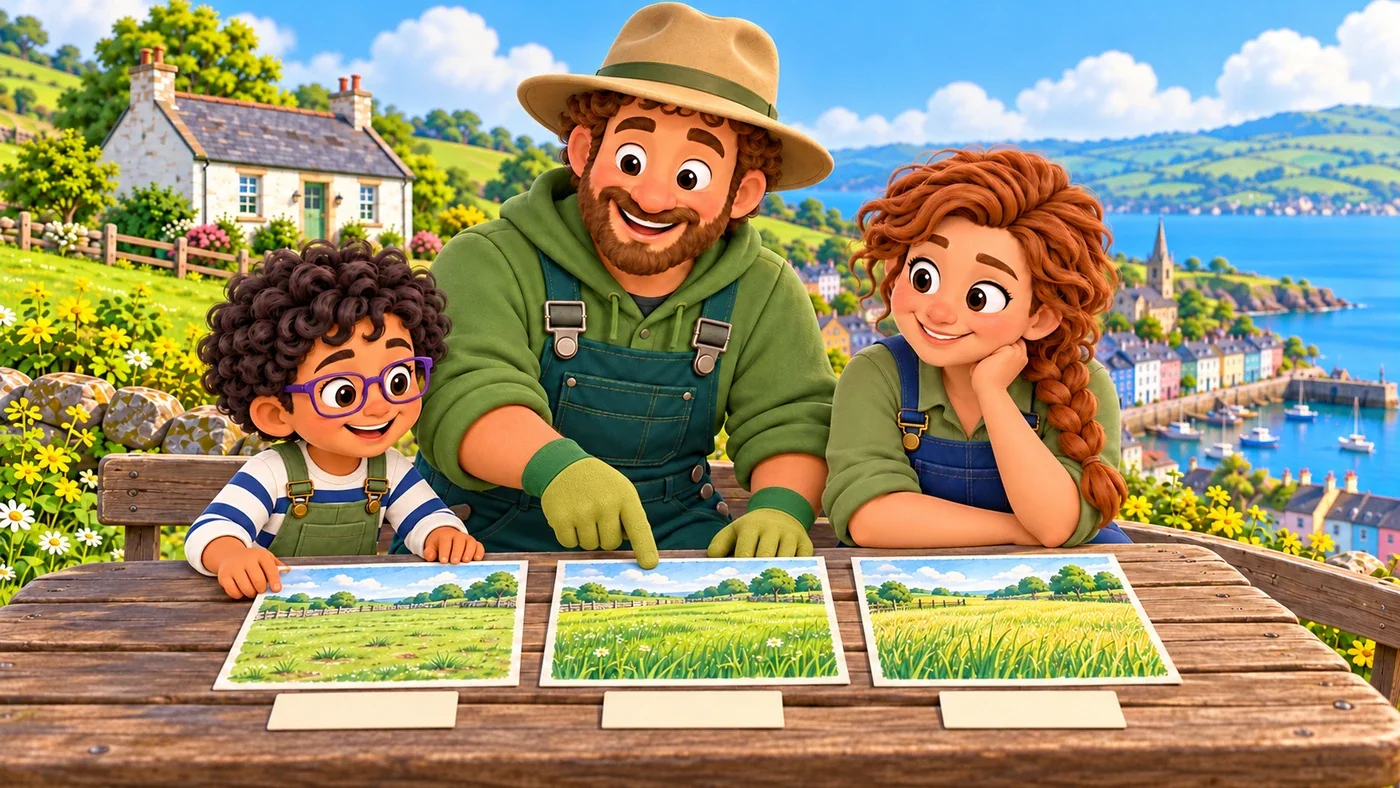 Rowan lines up three field drawings on a bench, with Arthur and Fiona beside him.