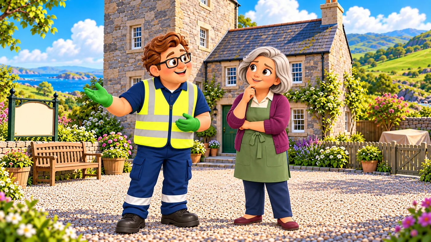 Eddie and May talk in the castle courtyard. Eddie gestures while May listens thoughtfully.
