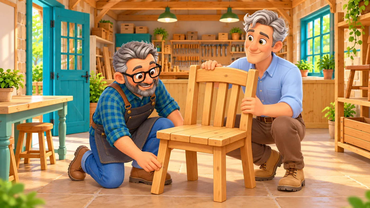 Stan and Hugo kneel beside an upright wooden chair at the workshop. Stan checks a lower joint while Hugo steadies the frame.