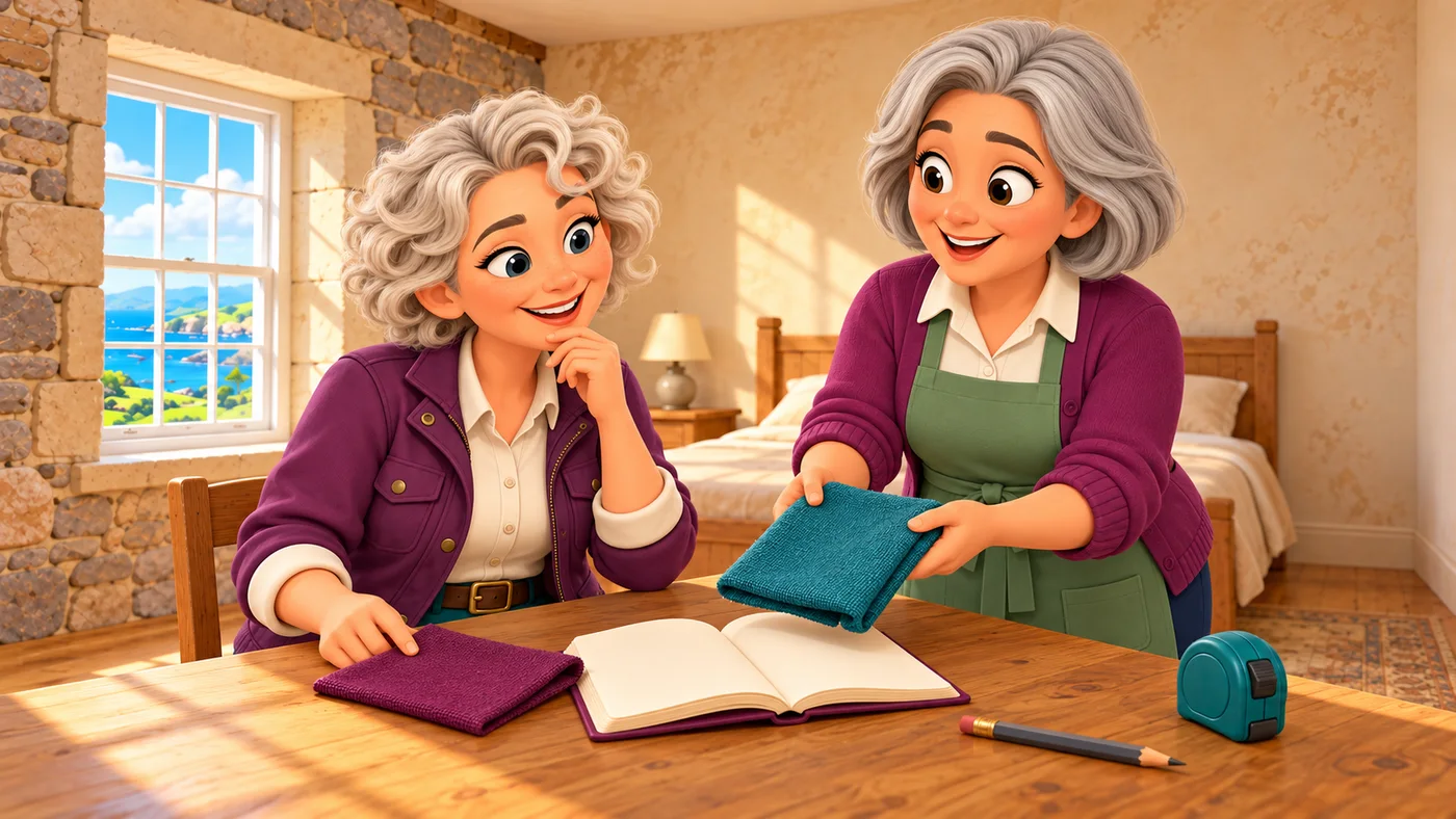 Cecily and May discuss the guest room beside fabric pieces, an open notebook, pencil and tape measure.