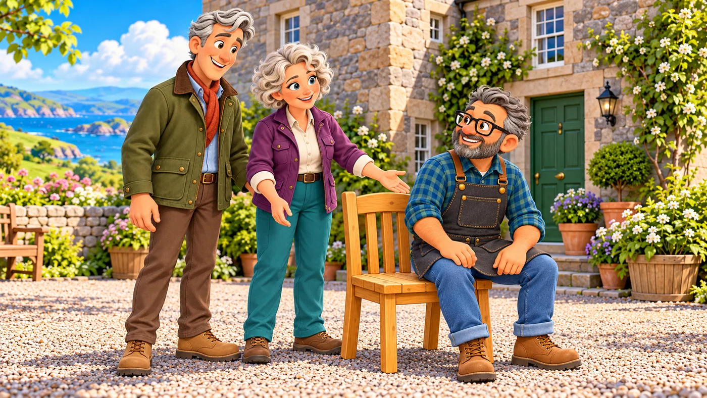 Stan sits on the repaired wooden chair outside the castle while Hugo and Cecily stand beside him.