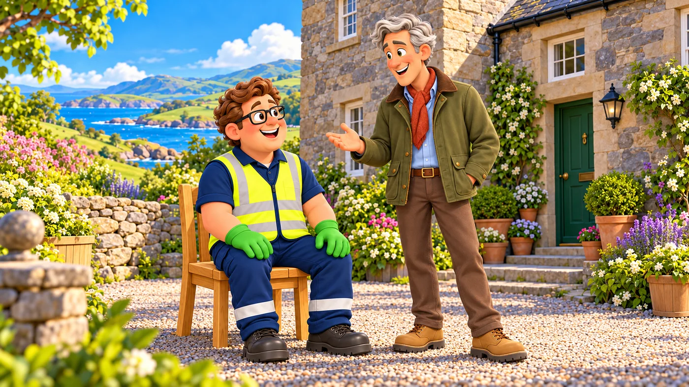Eddie sits on the repaired chair in the castle courtyard, talking with Hugo.