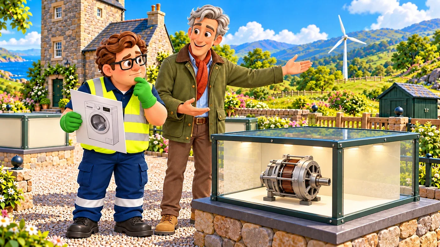 Eddie holds a picture of a washing machine and looks at the glass case, while Hugo points towards the wind turbine in the distance.