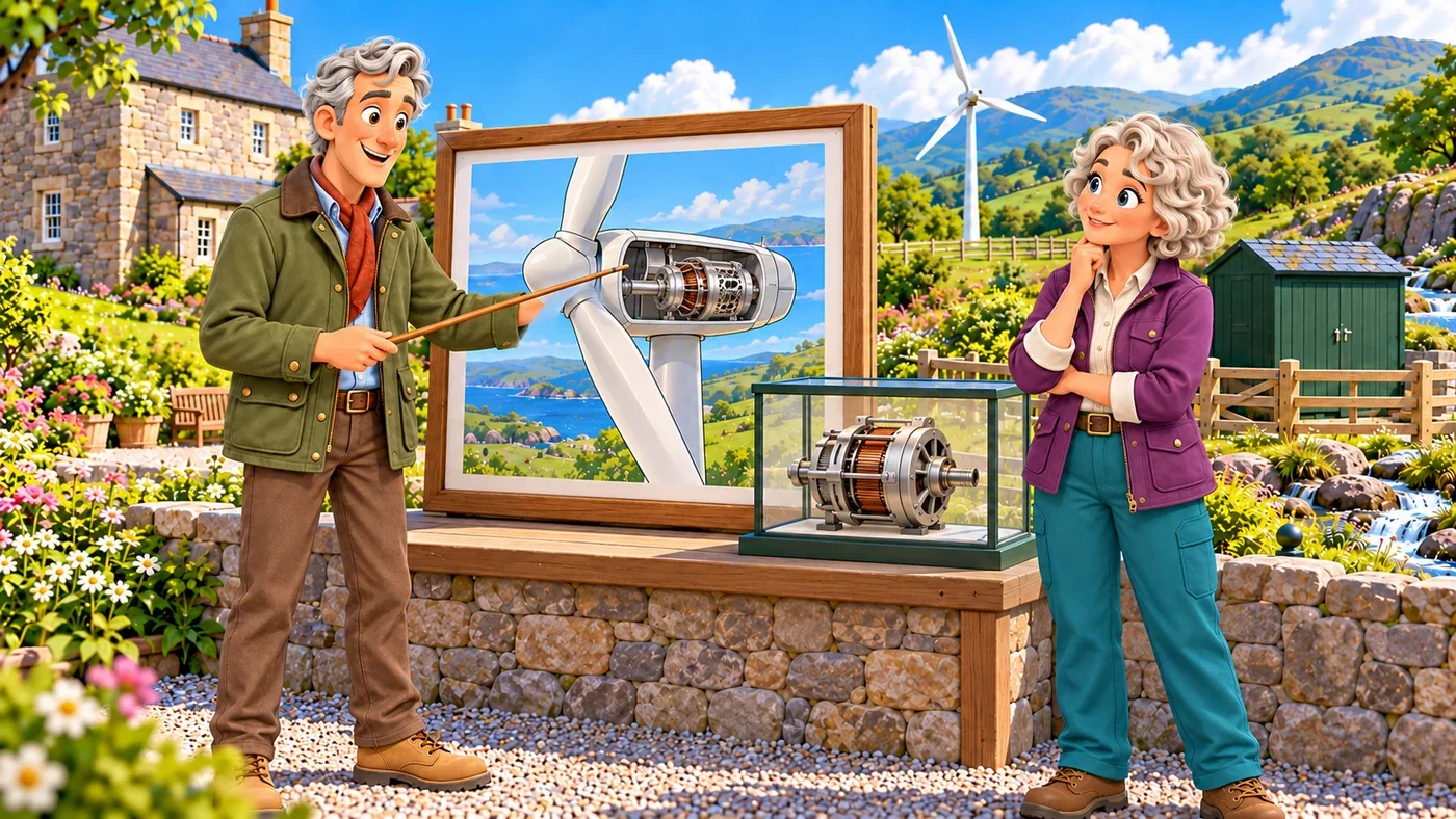 Hugo points at a framed cutaway picture of a wind turbine next to the glass case, while Cecily listens.
