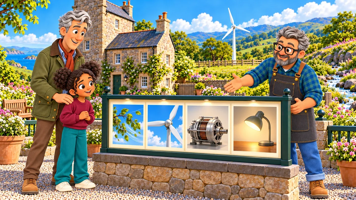 Hugo, with Zara beside him, and Stan stand by a board of four pictures: a windy sky, turbine blades, a generator and a lit desk lamp.