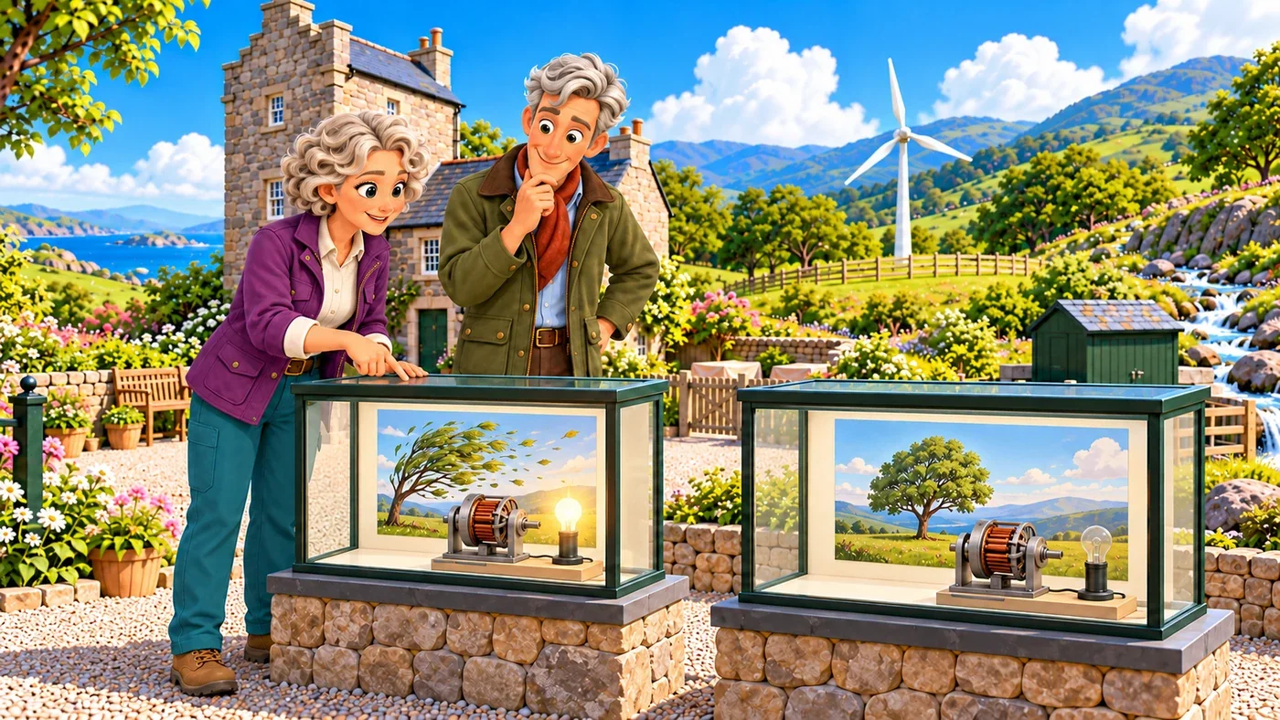 Cecily and Hugo compare two framed pictures, one of a windy day with a bright lamp and one of a calm day with a dim lamp.
