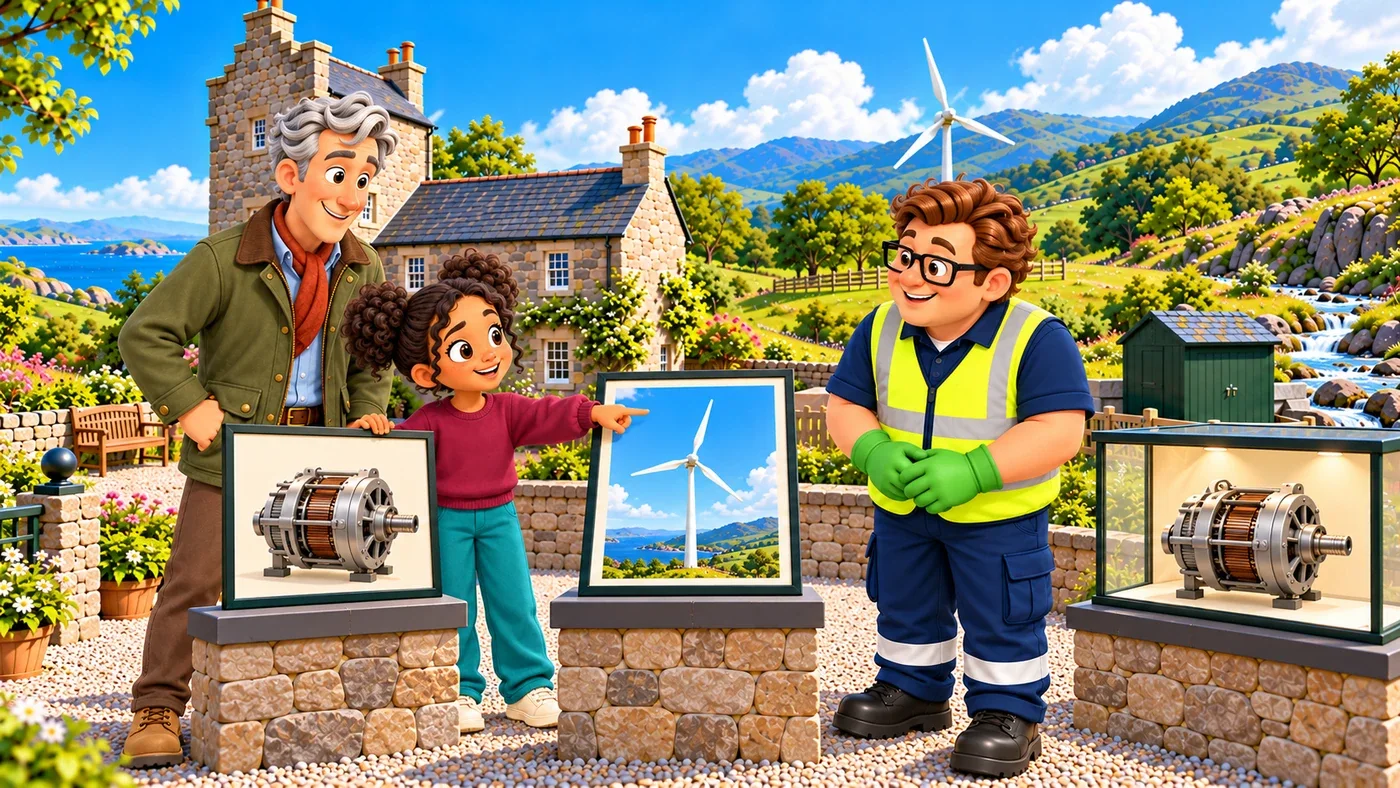 Zara, next to Hugo, sets a picture of the reused part and a picture of a wind-blown tree and turbine on two separate stands, while Eddie listens.