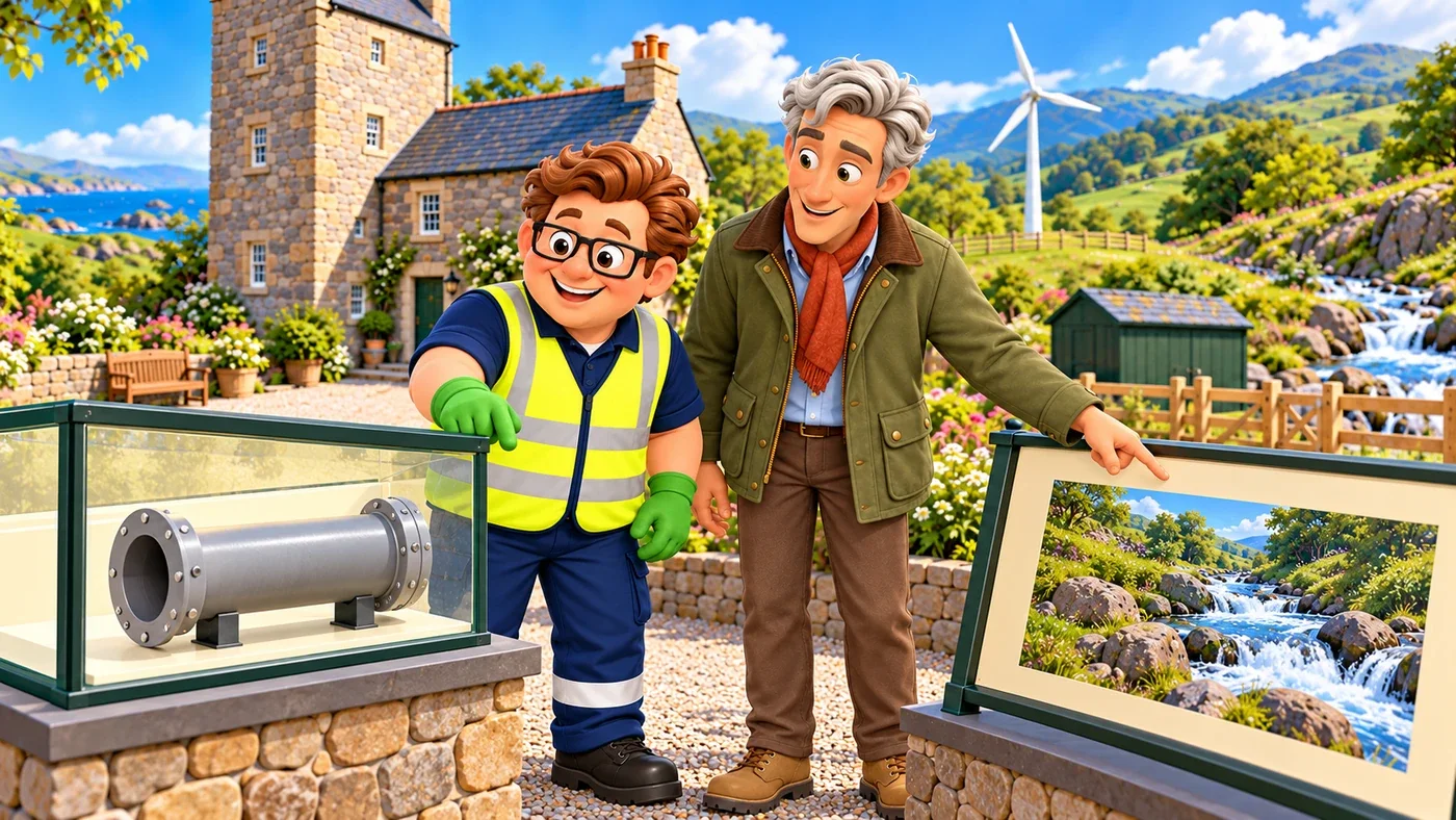 Eddie points at a short grey pipe behind glass while Hugo gently turns his attention to a framed picture of flowing water.