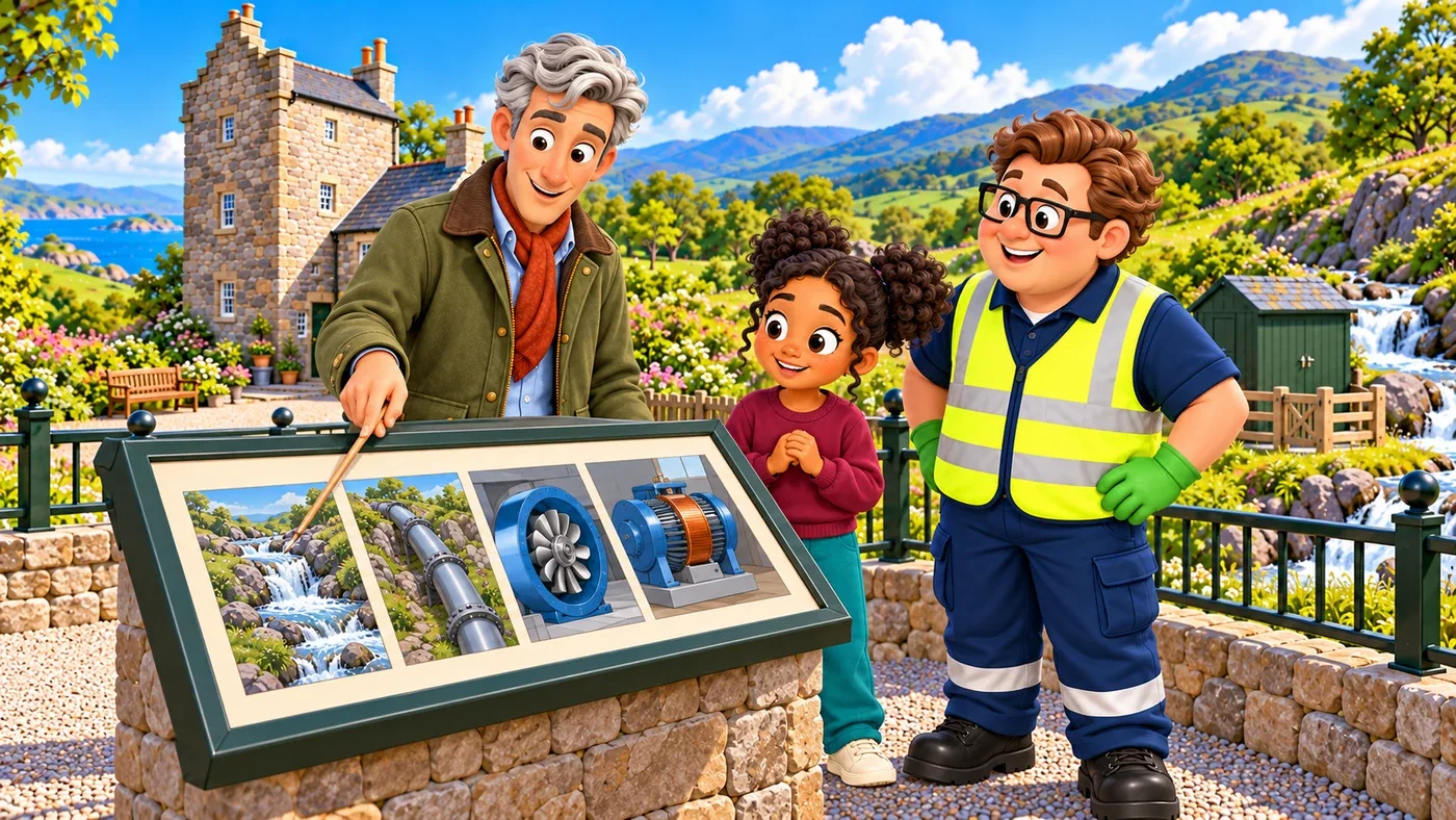 Hugo uses a wooden pointer on a display of four pictures, a stream, a pipe, a turbine and a generator, with Zara beside him and Eddie listening.