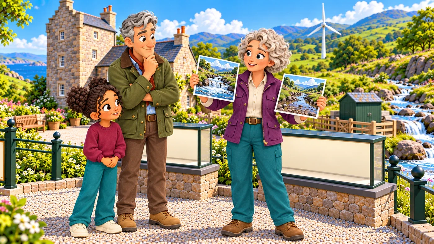 Cecily holds up two stream pictures, one with a fuller flow and one with a gentler flow, while Hugo compares them and Zara stands beside him.