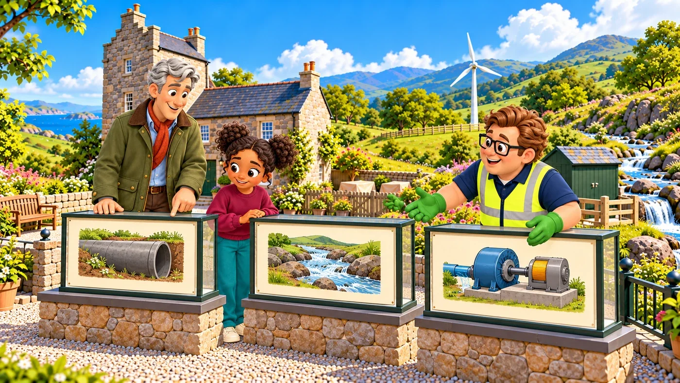 Hugo and Zara set out three separate framed pictures, an old pipe, a flowing stream and a generator, while Eddie gestures that he understands.