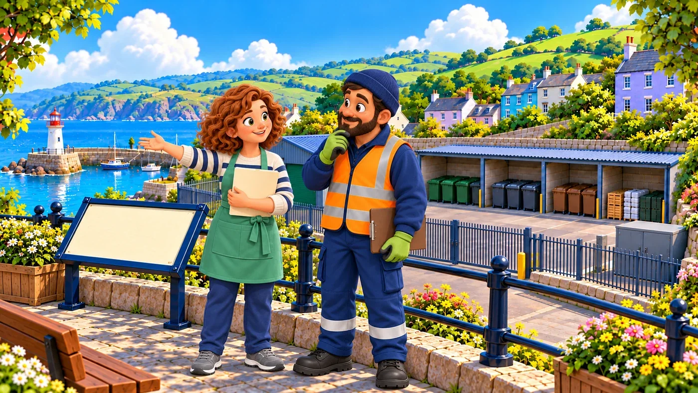 Ailsa points towards the harbour while she talks with Iain by the planning board.