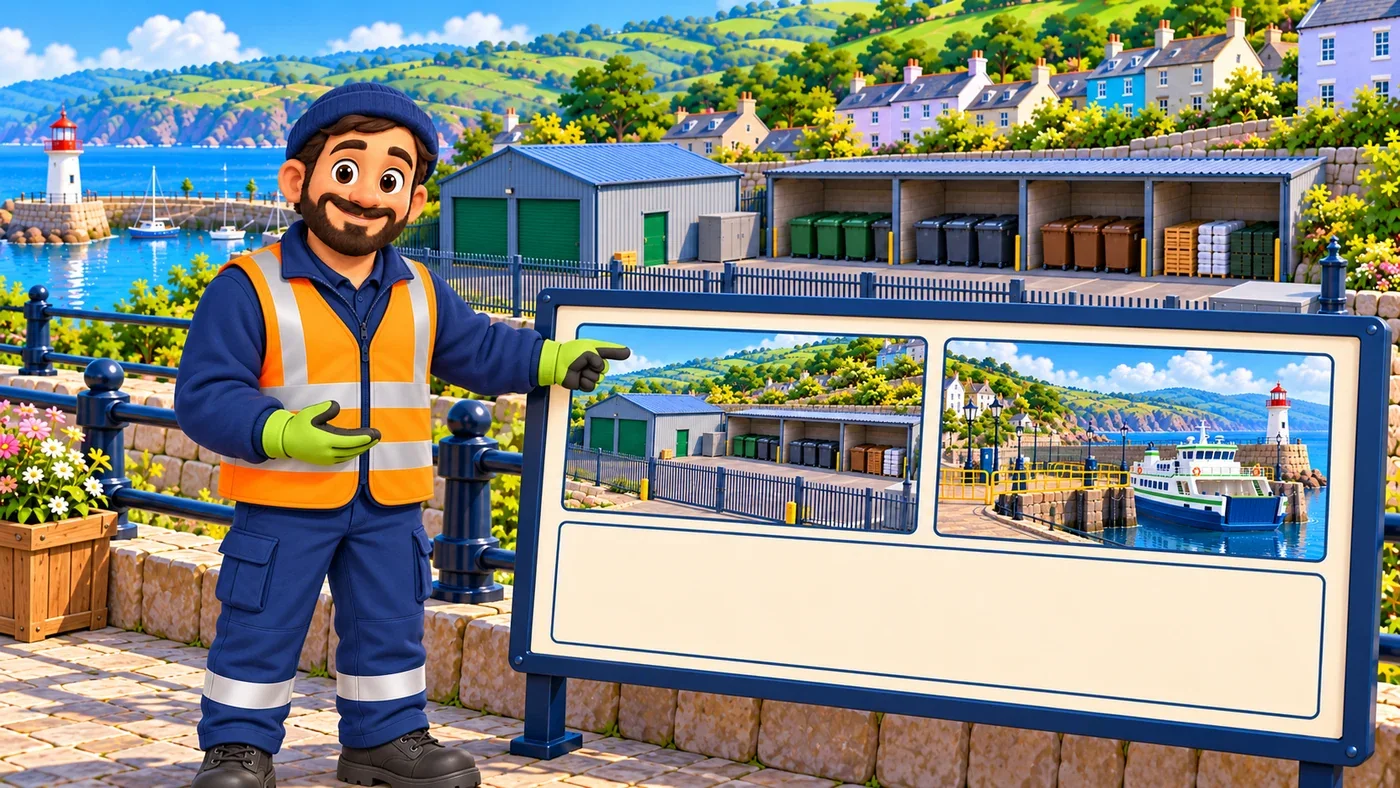 Iain points to two pictures on the planning board: separate storage, then loading.