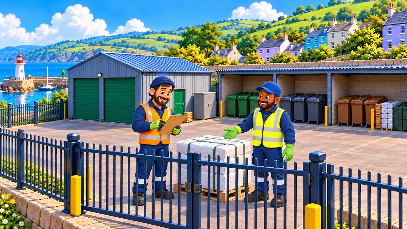 Inside the fenced yard, Iain and Malik stand beside one wrapped and strapped load on a pallet.