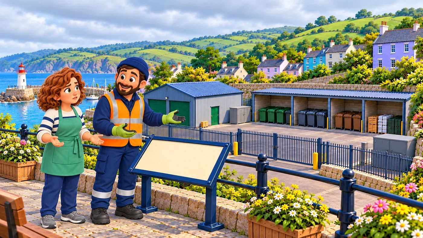 Ailsa looks worried towards the storage yard while Iain explains beside the planning board.