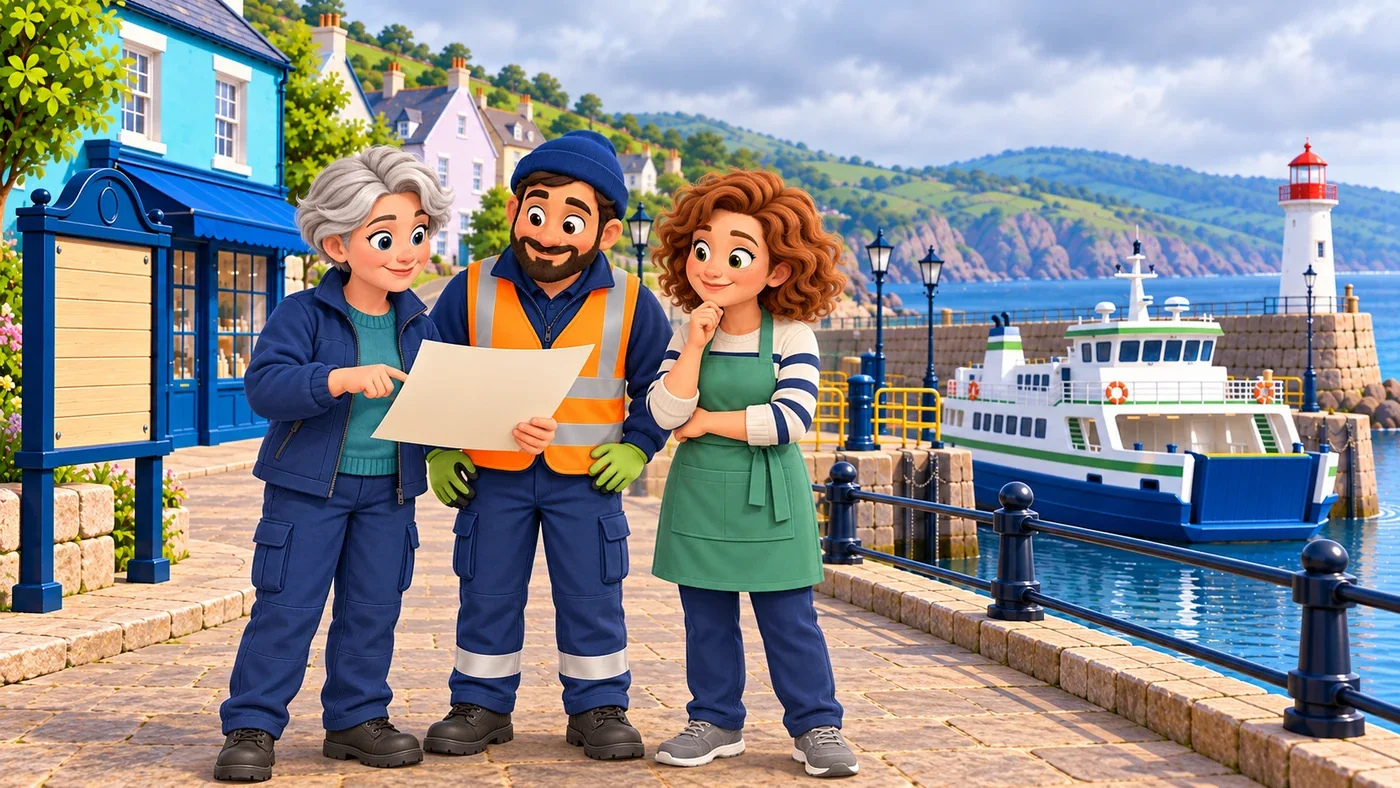 On the landing, Morag shows Iain and Ailsa the new plan beside the information board.