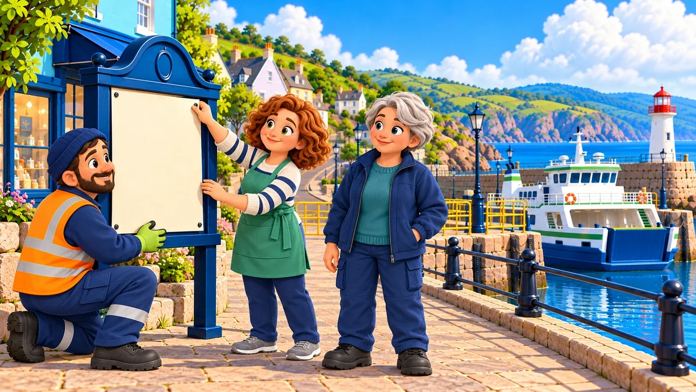 Iain and Ailsa put up a notice on the information board while Morag watches.