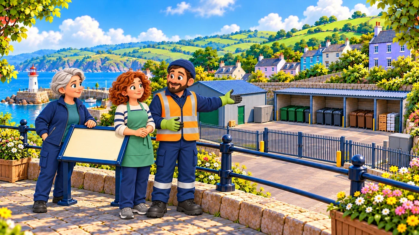 Iain, Ailsa and Morag stand by the planning board as Iain points to the storage yard.