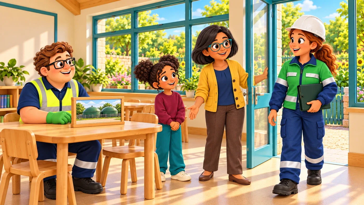 Isla opens the teal classroom door to welcome Amina, who carries a dark green portfolio, while Zara stands beside Isla and Eddie sits at the table.