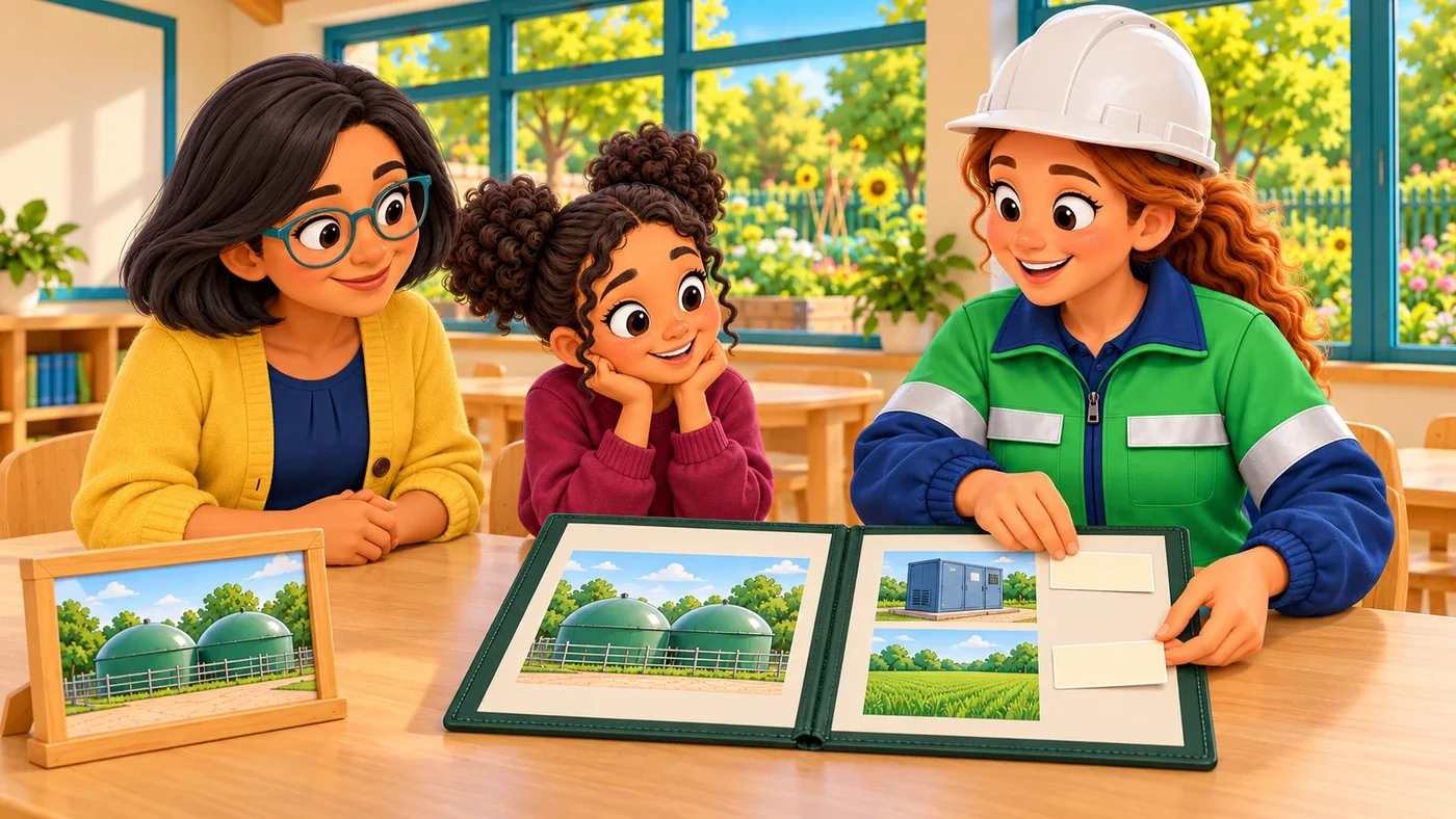Amina opens her portfolio to a picture of a closed tank with separate energy cabinet and field pictures, and attaches a small cream tab under each while Zara and Isla watch.