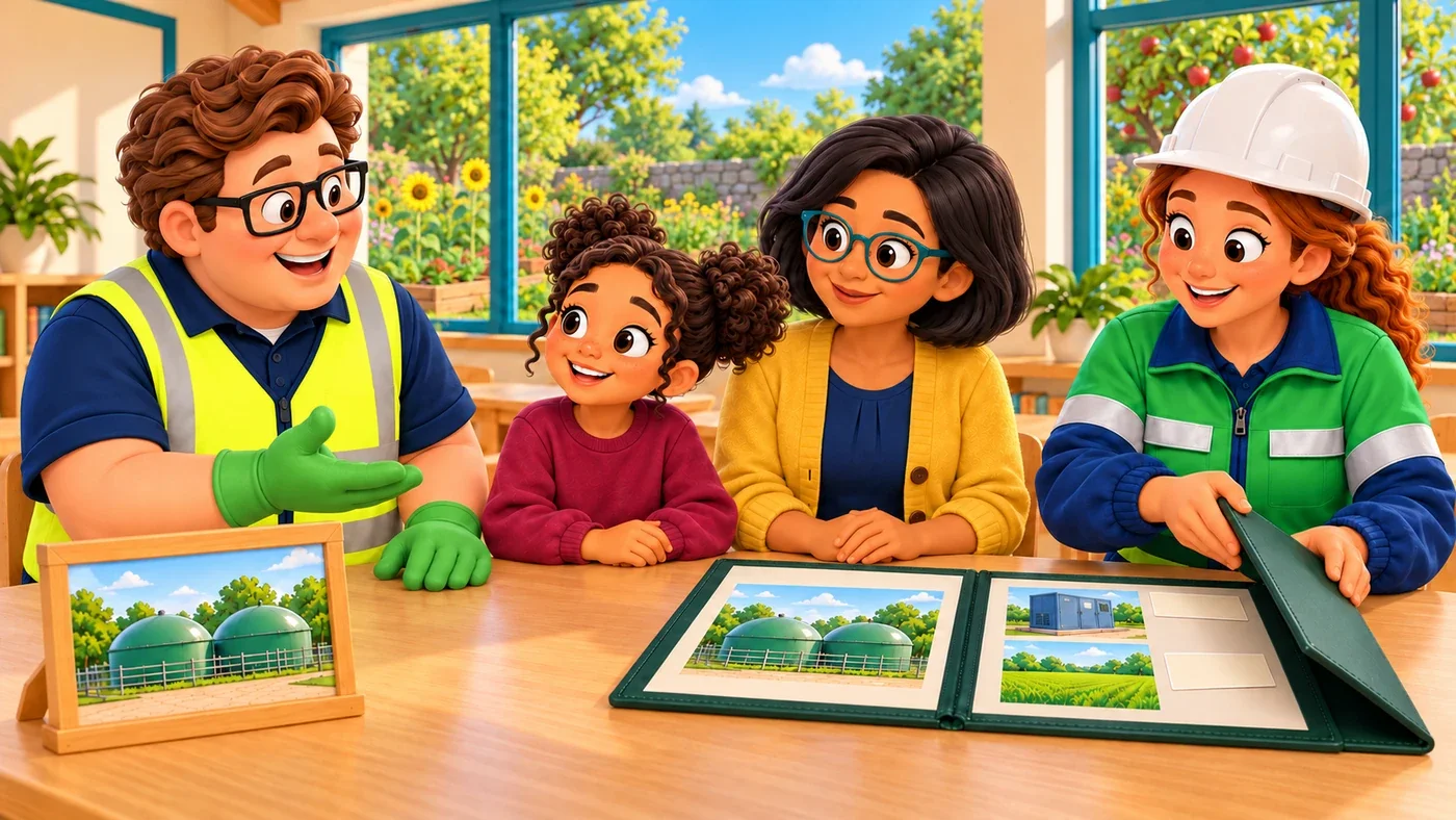 Eddie turns to Zara with an open-handed, thankful gesture while she smiles beside Isla, and Amina closes her portfolio in the background.
