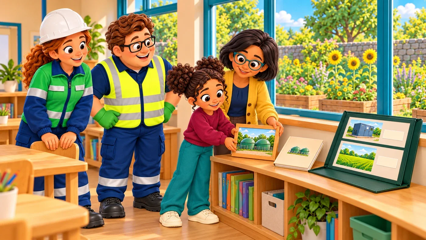 Zara and Isla put the tank picture on a low shelf next to a plain storybook and Amina’s open portfolio, while Amina and Eddie watch from the table.