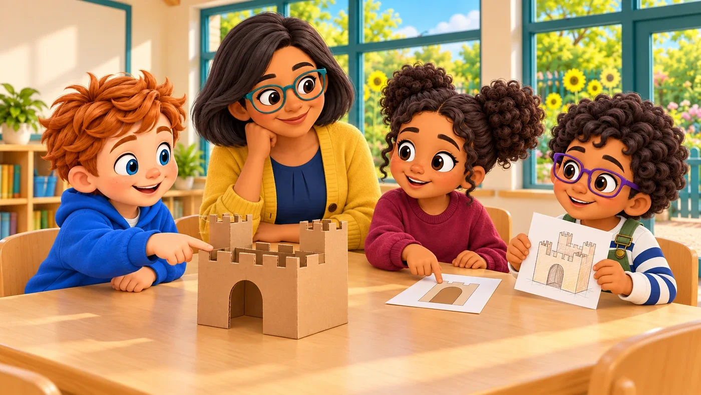 A cardboard castle and drawings on the table.