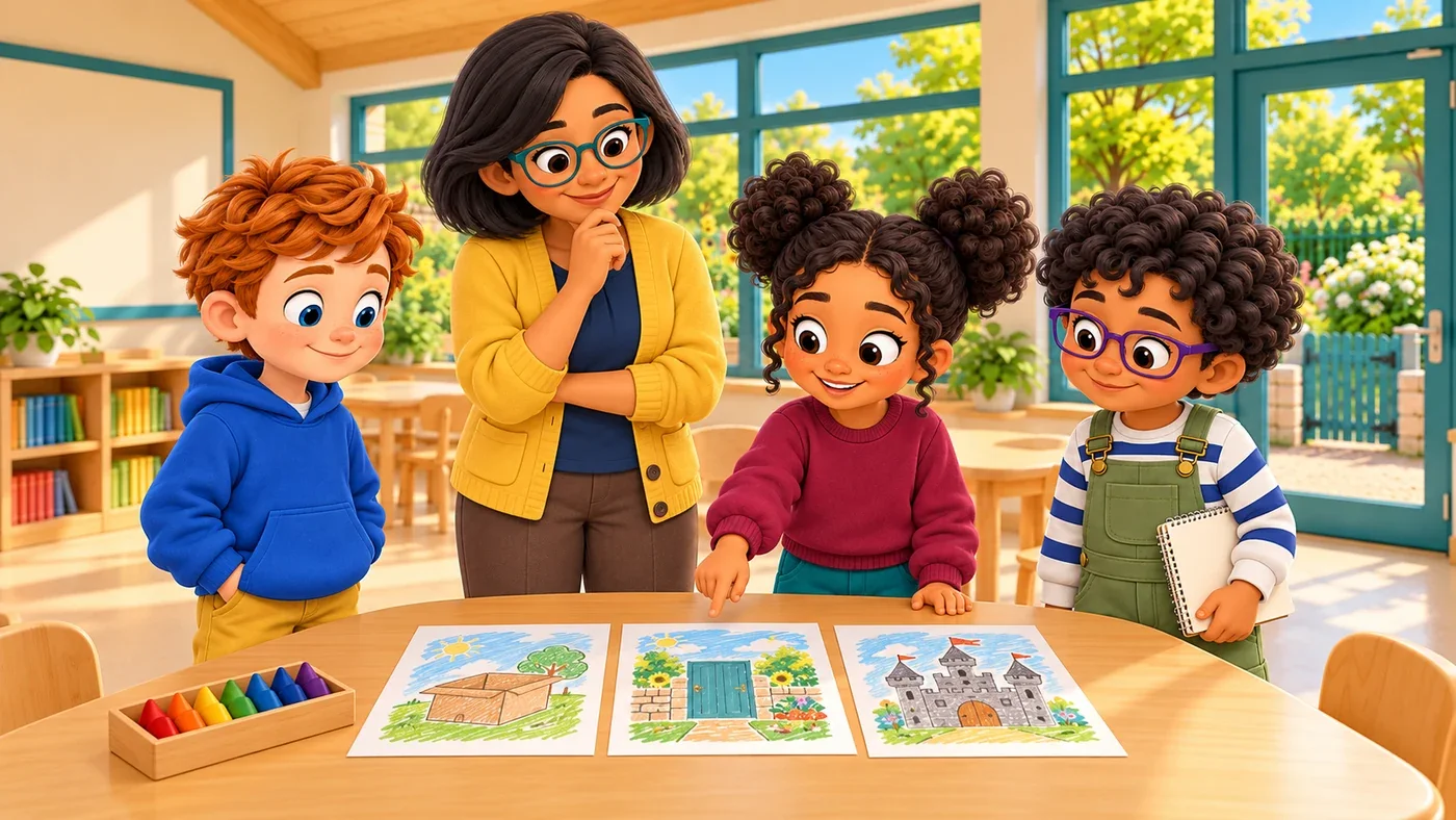 The class looks at picture cards together.