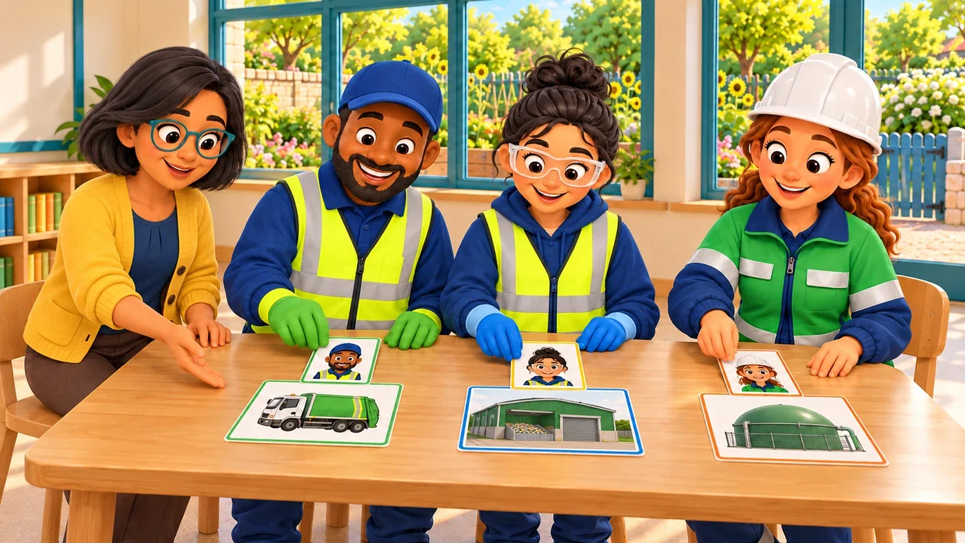Malik, Priya and Amina each place a role card beside their own picture card while Isla helps.