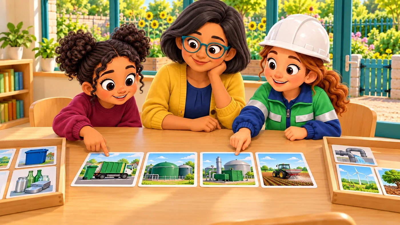 Zara follows one set of picture cards with her finger while Isla stands beside her and Amina points to the biogas card.