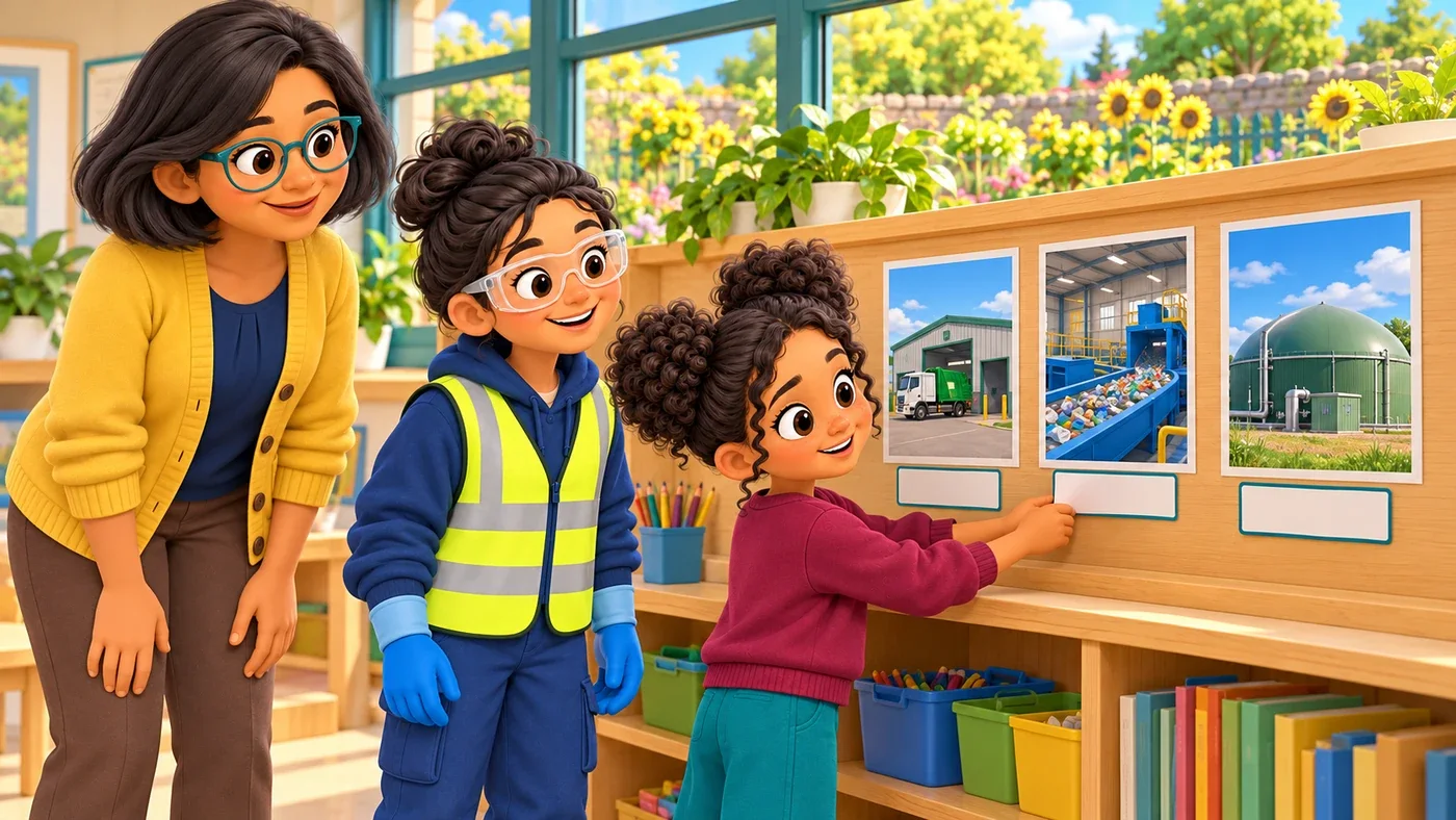 Zara places the last blank caption under three separate pictures on a shelf, with Isla and Priya beside her.