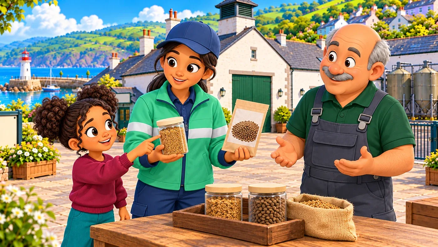 At the distillery, Zara points from a sealed jar of grain to a picture of a fish feed packet, with Leena beside her and Dougal listening.