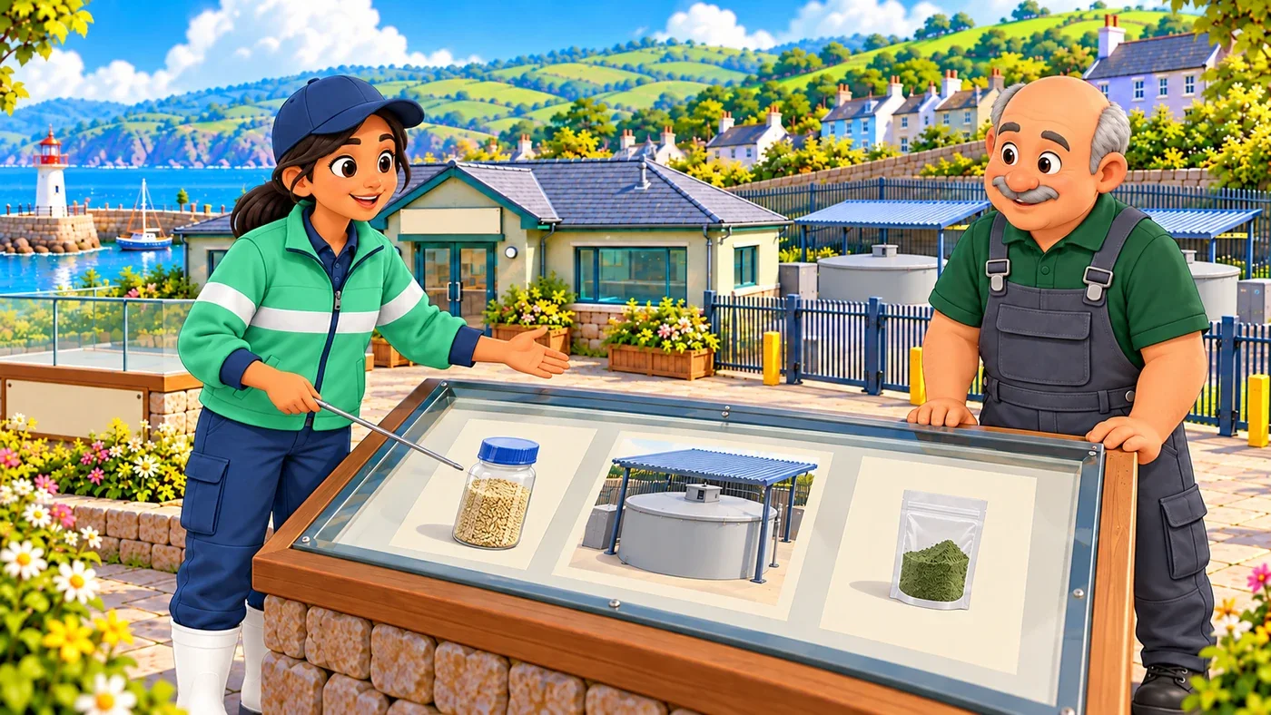 Leena uses a pointer on three pictures in a glass display: a grain container, a closed algae tank and a small packet of dried ingredient, while Dougal watches.