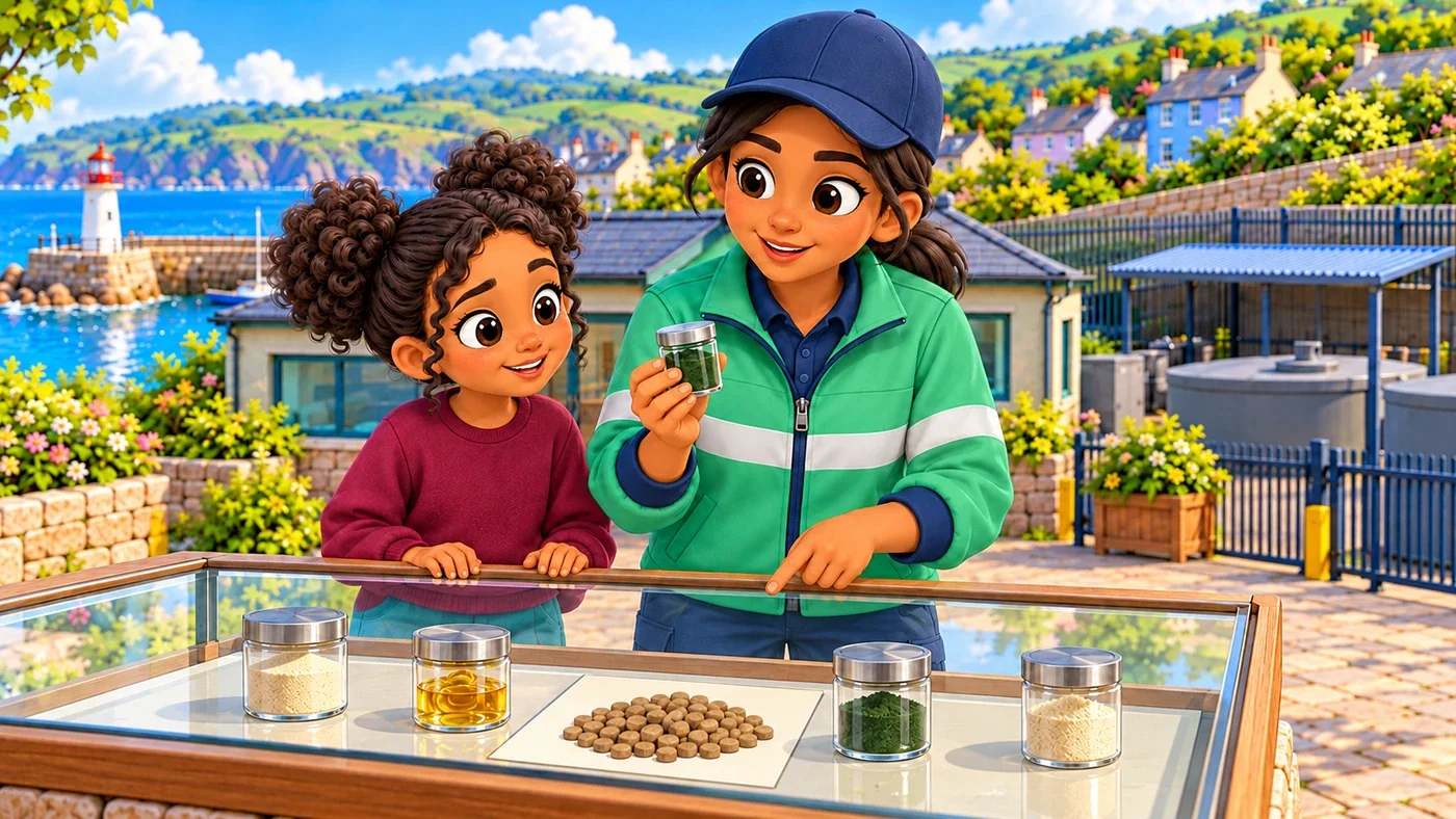 Leena holds a small sealed jar of algae powder beside a picture of a fish feed pellet surrounded by pictures of three other ingredients, while Zara looks closely.