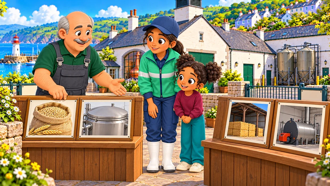 At the distillery board, Dougal pairs one grain card with one algae tank picture, while Leena and Zara look on and two other cards sit apart by feed store and boiler pictures.