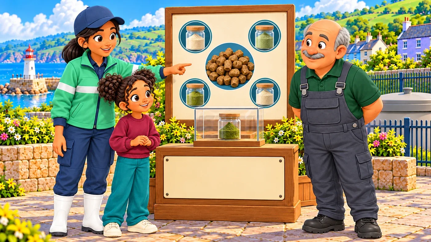 Leena, Zara and Dougal stand at a display with one small sealed ingredient jar under a framed picture of a feed pellet and other small ingredients.