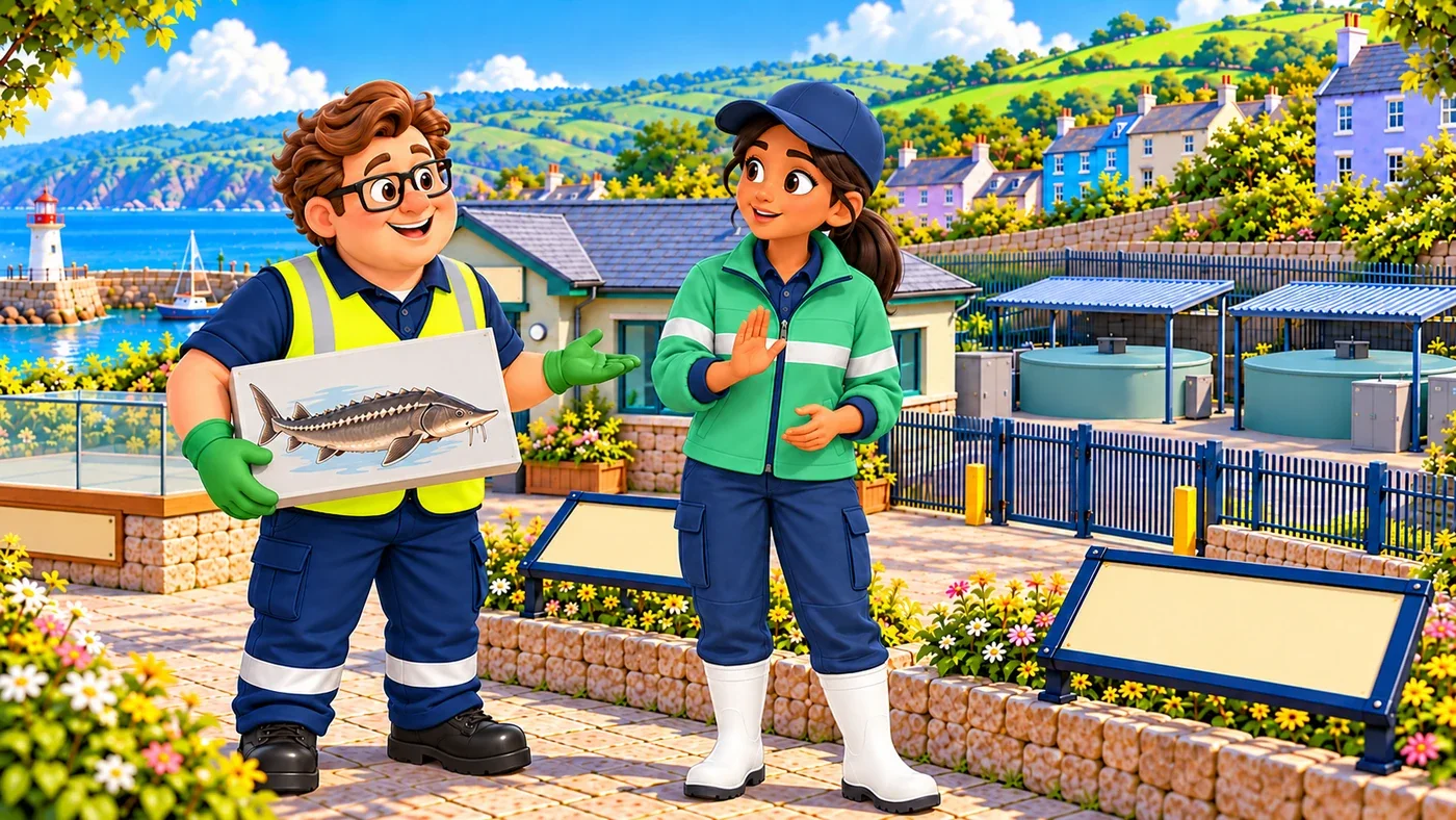 Outside the closed gate at Bracken Waters, Eddie holds the box-and-sturgeon picture and gestures towards the covered tanks, while Leena raises one palm.