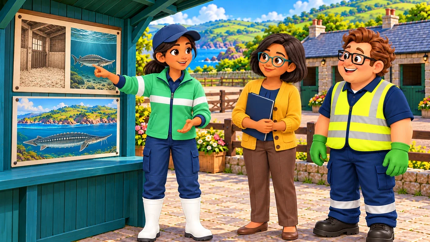 At the stables shelter, Leena points to an old-style black-and-white picture of a stable and a sturgeon, beside a colour picture of an island, while Isla and Eddie listen.