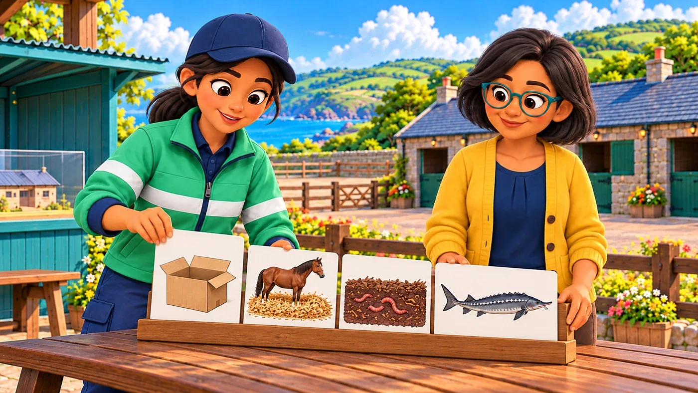 On a bench at the stables, Leena lays out four cards in a row, a cardboard box, a horse on shredded bedding, a worm compost bed and a sturgeon, while Isla steadies them.