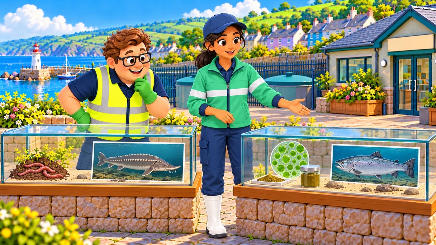 At Bracken Waters, Leena gestures to the second of two separate displays, showing tiny green algae, a closed jar and a salmon, while Eddie studies it; the first display shows worms and a sturgeon.
