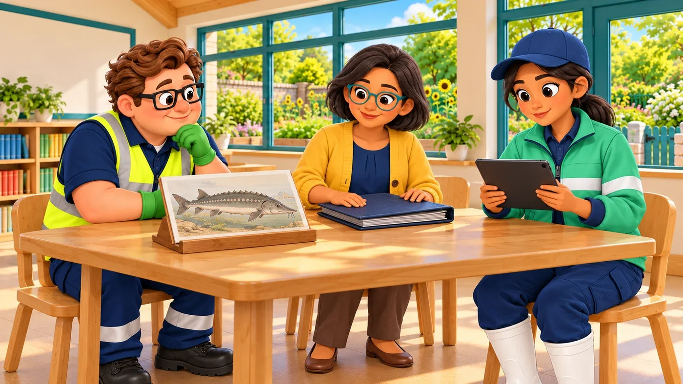 In the classroom, Isla closes the folder, Leena checks a tablet, and Eddie listens beside the box-and-sturgeon picture standing in a holder.