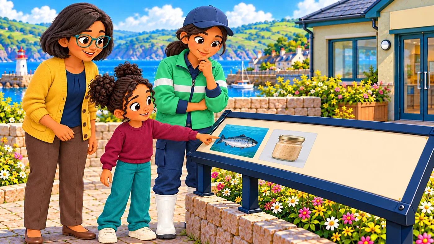 Zara points to the end of a strip of pictures where an empty space is left, while Leena listens and Isla stands beside her.