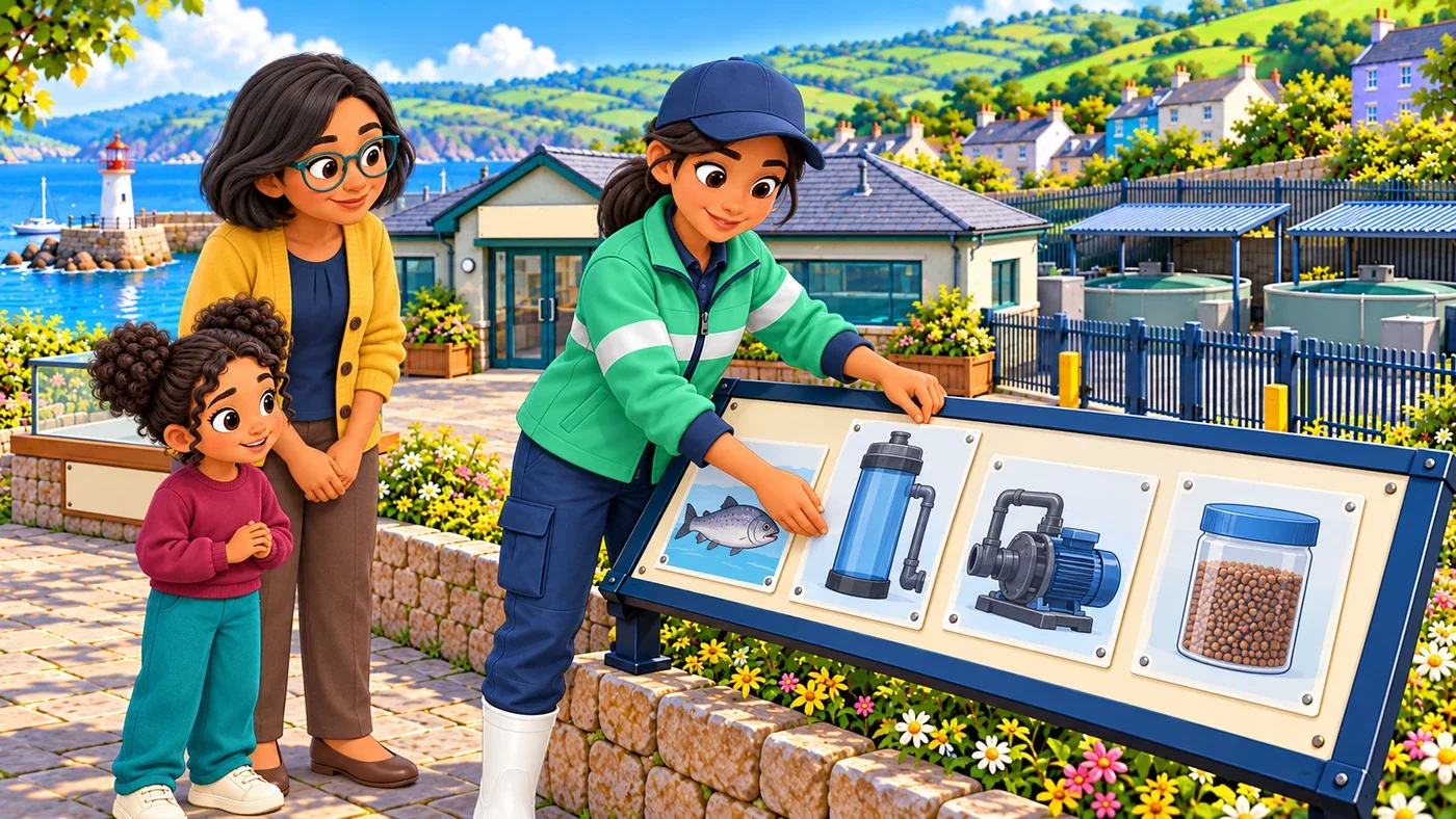 Leena fixes three picture cards to a display, a water filter, a pump and a sealed jar, beside the fish picture, while Isla and Zara watch.