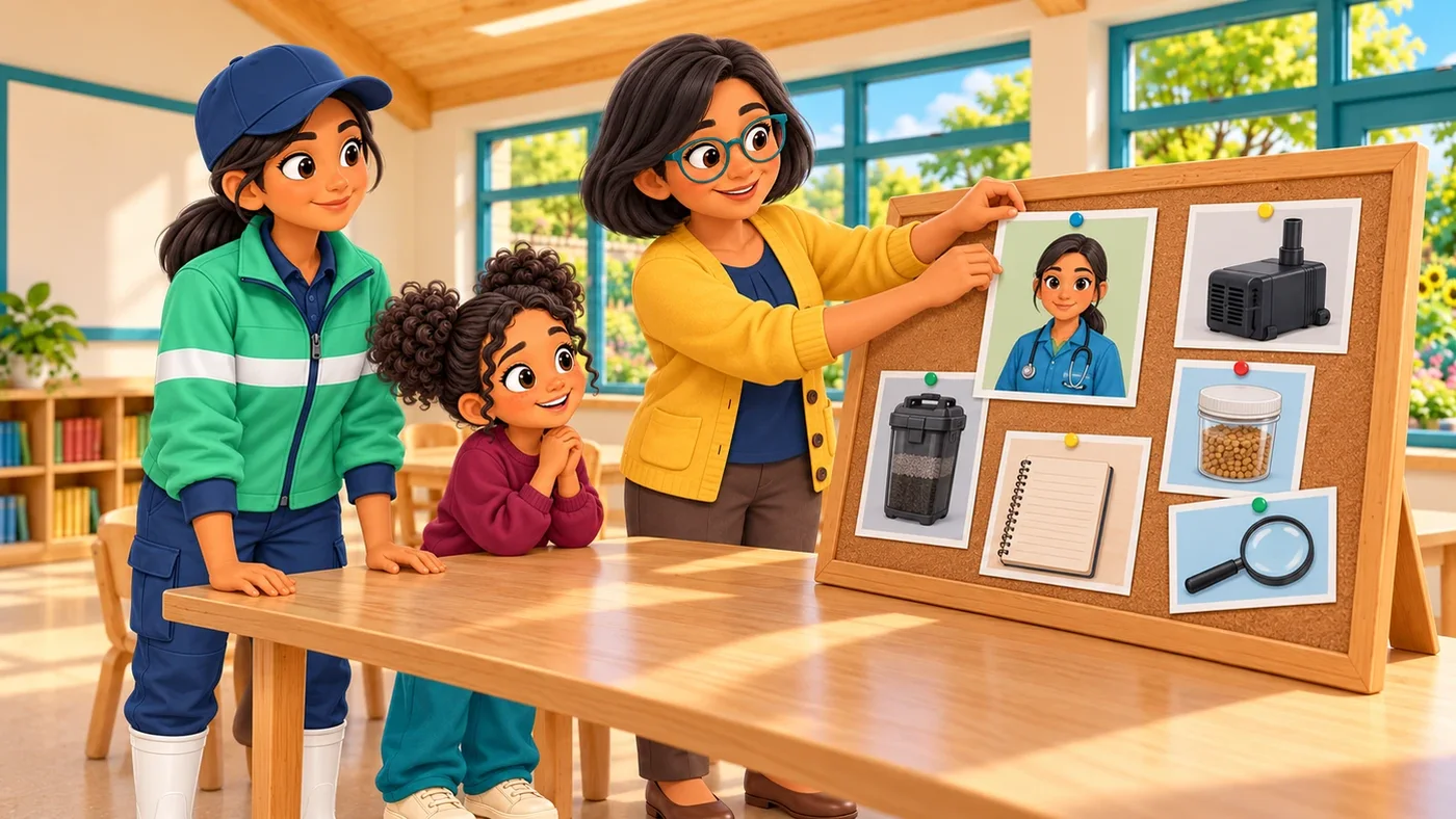 In the classroom, Isla adds a picture of a fish-care professional with a stethoscope to the display, next to a notebook and a magnifying glass, while Leena and Zara watch.