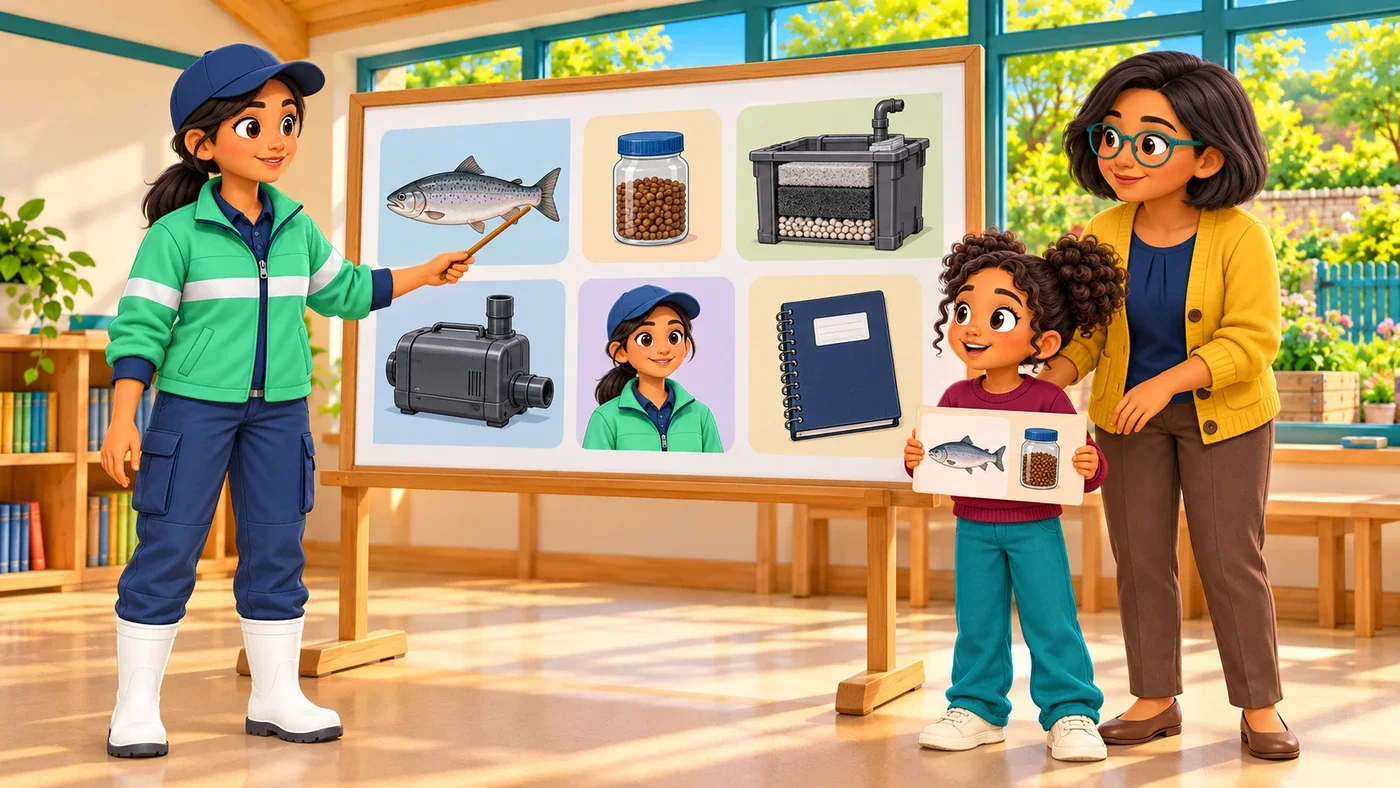 In the classroom, Leena points to the full display of pictures while Zara compares it with a simpler two-picture card, with Isla beside her.