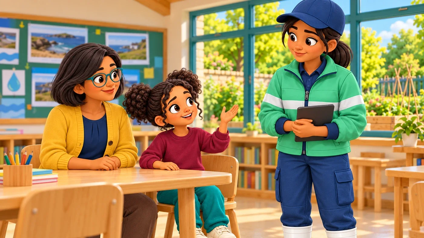 In the classroom, Zara raises a questioning hand towards Leena, who smiles with a closed tablet, while Isla sits beside Zara.