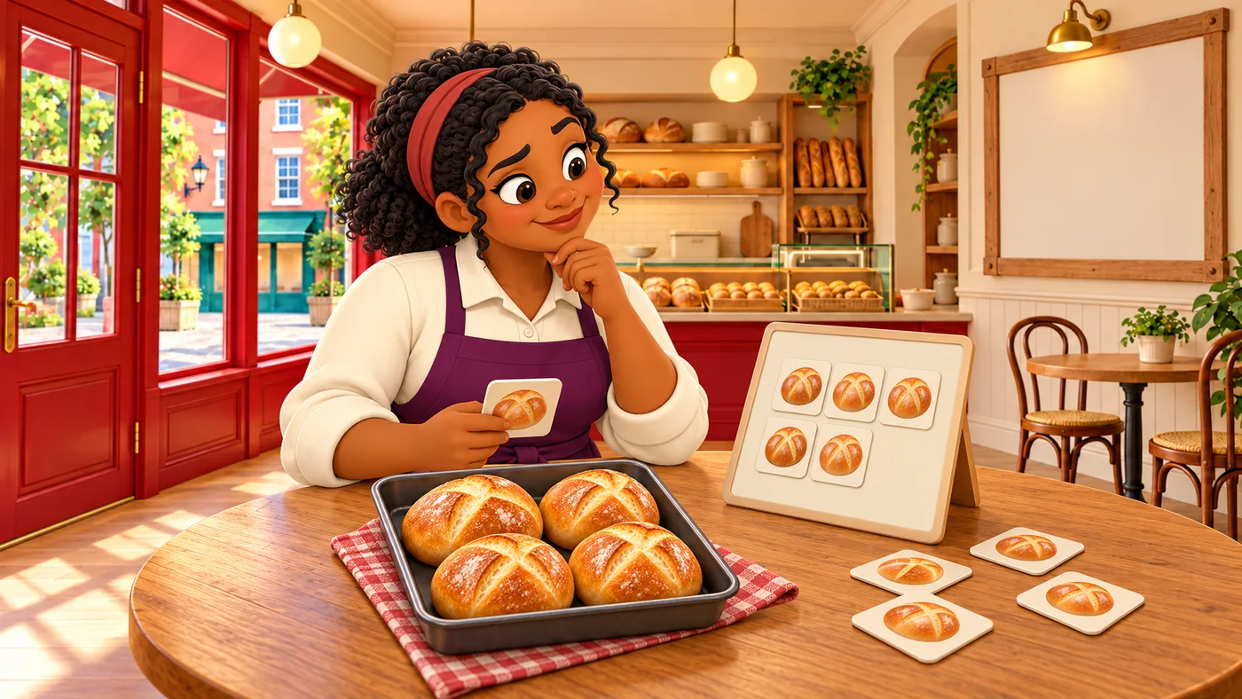 Mairi considers bread-picture cards for tomorrow’s plan beside a tray from today’s baking.